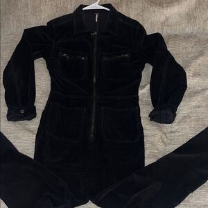 Free People Black Corduroy Zip-Up Jumpsuit